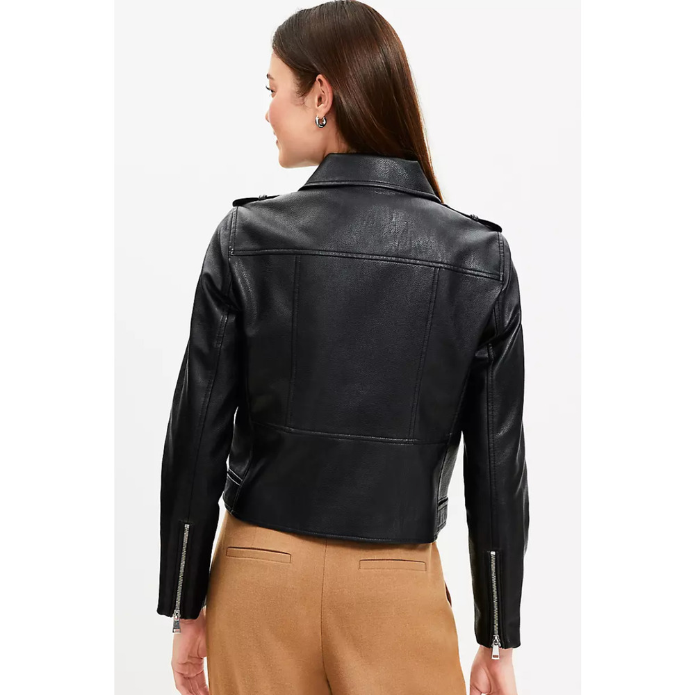NEW ANN TAYLOR LOFT BLACK PEBBLED FAUX LEATHER MOTO JACKET COAT SZ XL - Picture 4 of 7